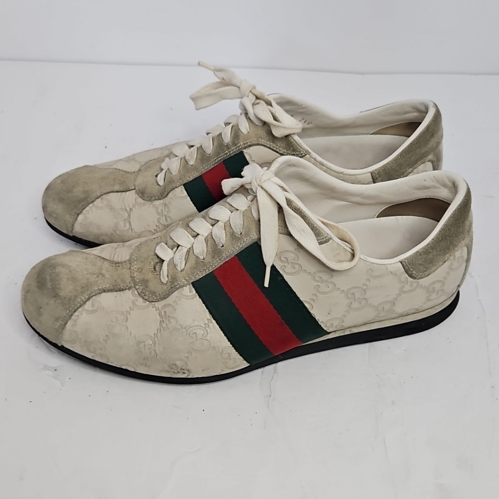 Gucci Cream Suede And Leather Web Low Top Sneakers Size 7.5 US - Picture 9 of 11
